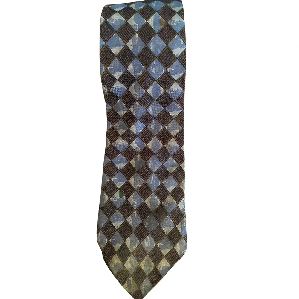 Hunting Horn J Riggins Mens Blue Brown Diamond Harlequin Pattern Silk Blend‎ Tie